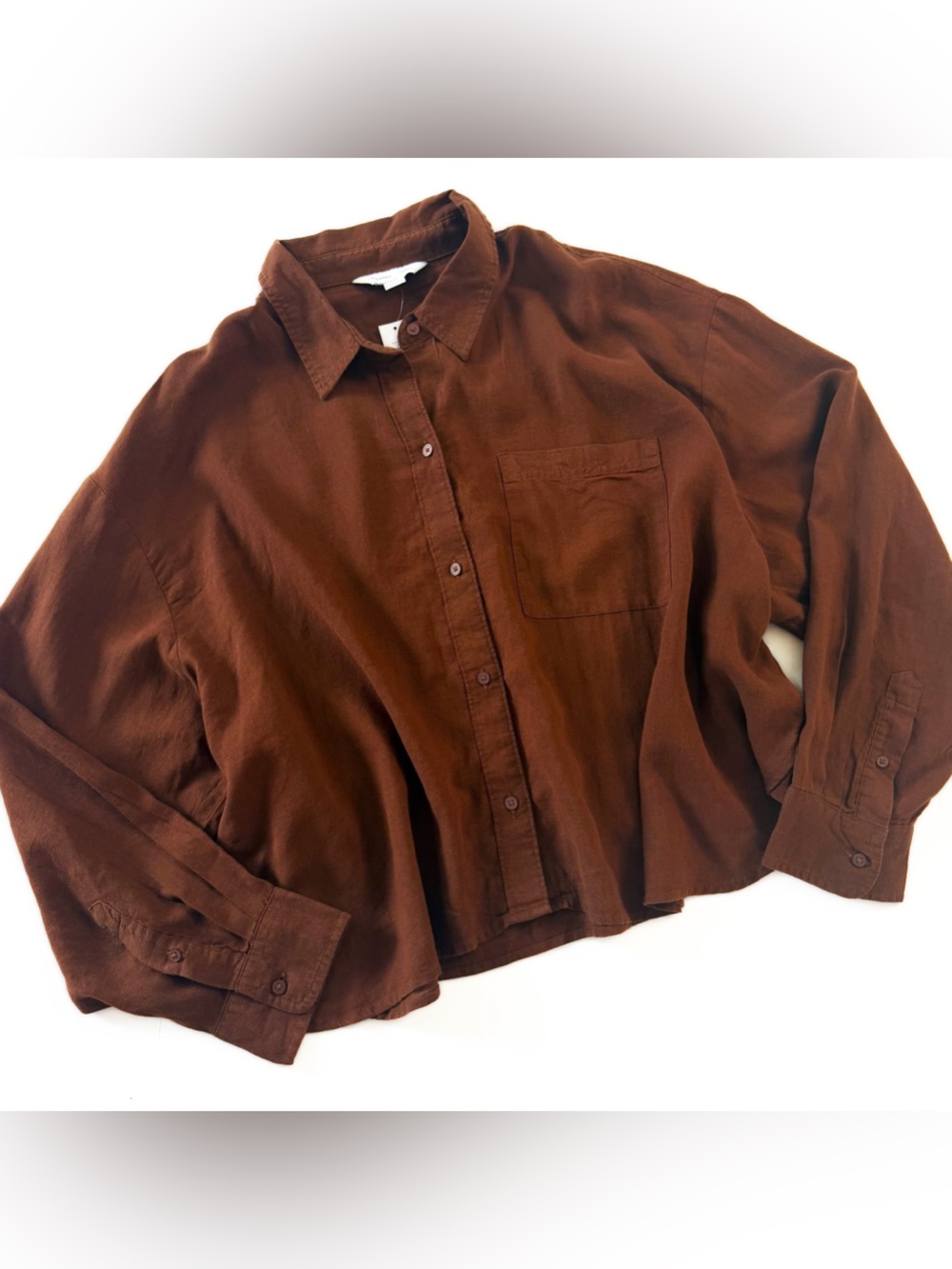 Old Navy Shirt Womens 2X Linen Blend Cropped Button Down New Brown